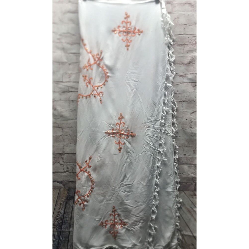 Women’s Boho Floral Scarf White Orange Embellished Fringe Rayon Wrap Shawl